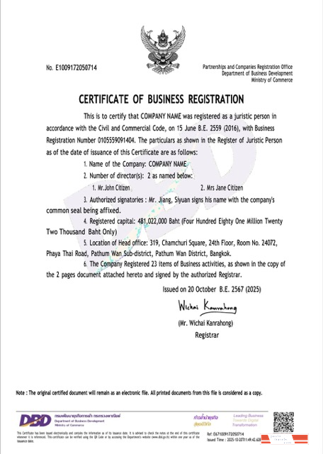 Thailand certificate of business registration Word and PDF template